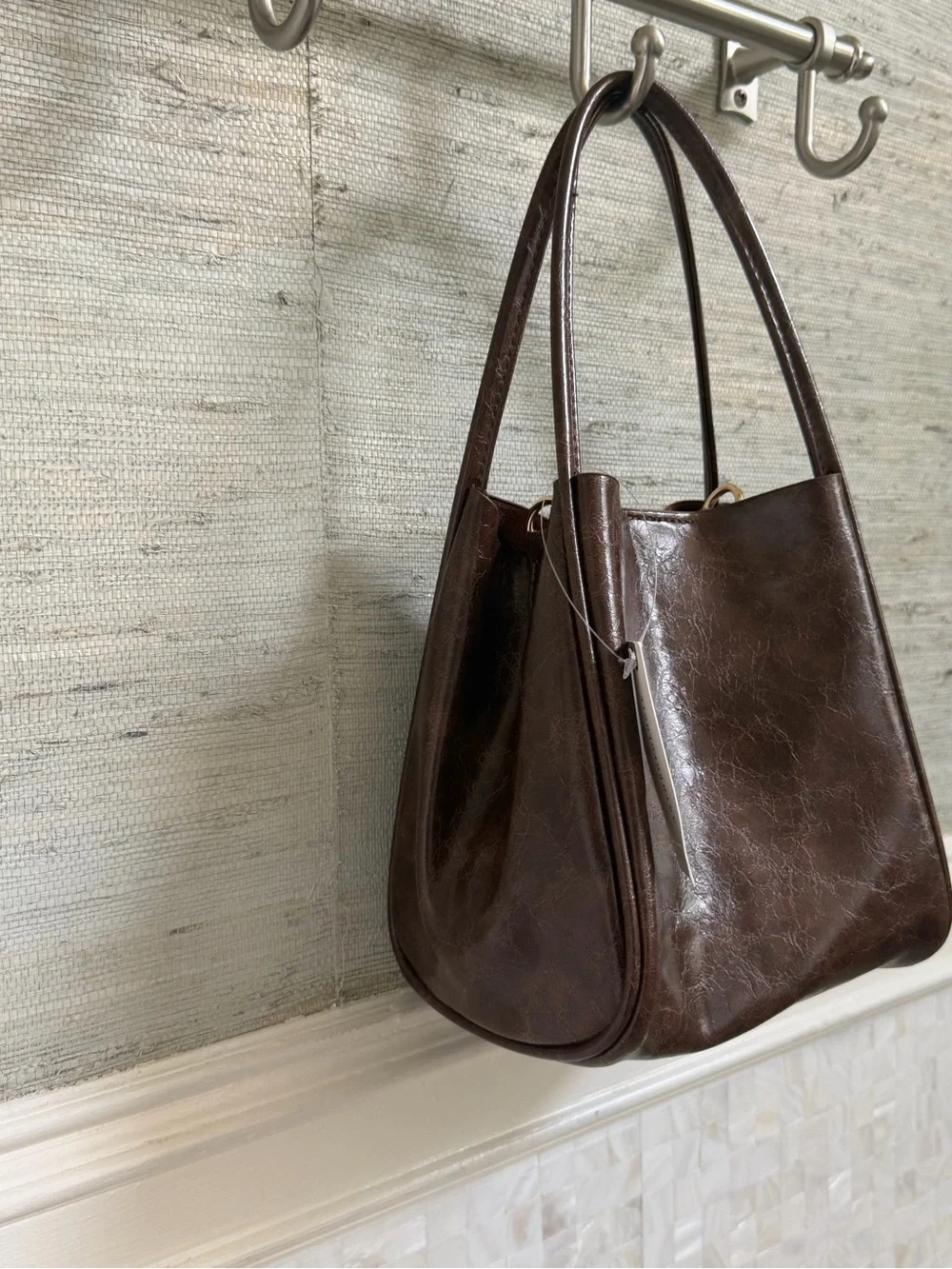 NWT new Anthropologie hollace mini waxed tote bag purse + pouch + 2 straps brown